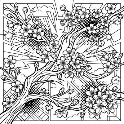 Unleash your inner artist with this vibrant Pop Art cherry blossom coloring page. Experience the beauty of spring flowers combined with a dynamic comic book aesthetic, ready for your creative touch.