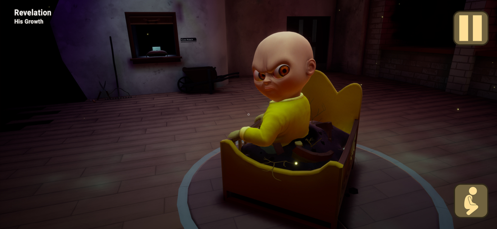 A creepy baby with glowing orange eyes sitting in a yellow crib