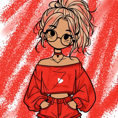 girl with a messy ponytail glasses a baggy crop top and jean shorts