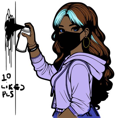 realistic girl with mask spray painting a wall