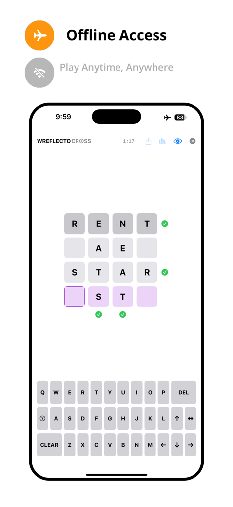 Offline Game: Wreflecto Word - Interfaz de la aplicación Wreflecto Word que muestra una cuadrícula de palabras de 4x4 y la accesibilidad del juego sin conexión.