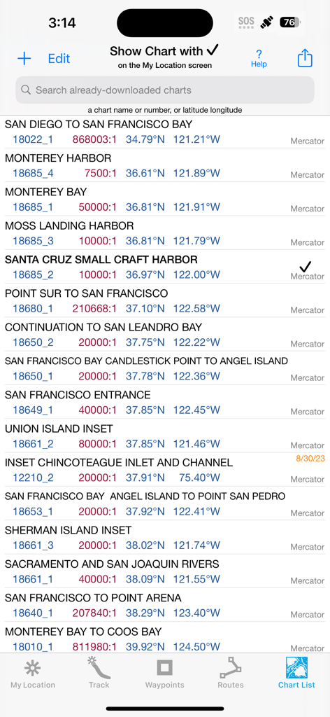 iSailGPS : NOAA USA RNC Charts - Un elenco di carte nautiche NOAA scaricate per la California nell'app iSailGPS.