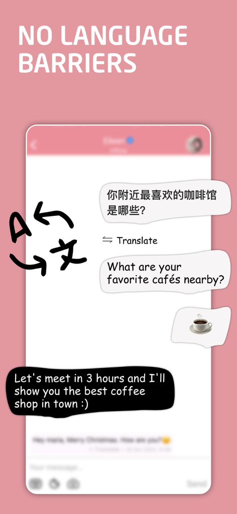 Interfaz de chat de la aplicación PINK que muestra traducción instantánea de chino a inglés bajo el encabezado sin barreras lingüísticas