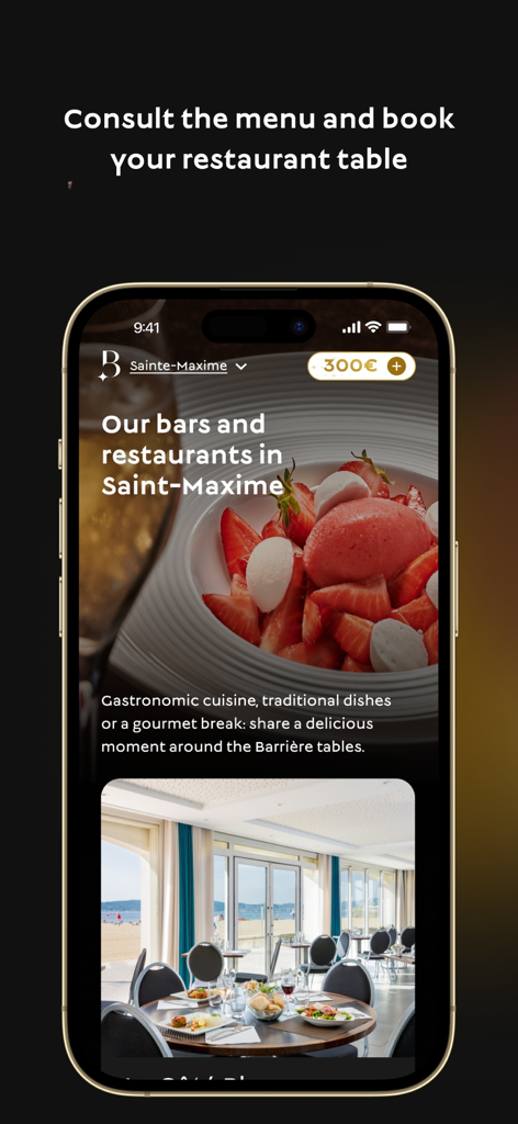 Barrière Play - Mon Casino - カジノリゾートのレストランの閲覧と予約のためのBarriere Playアプリインターフェースを示すiPhone
