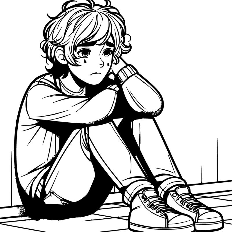 teenage realistic boy with long ish hair sitting in the corner teary eyed