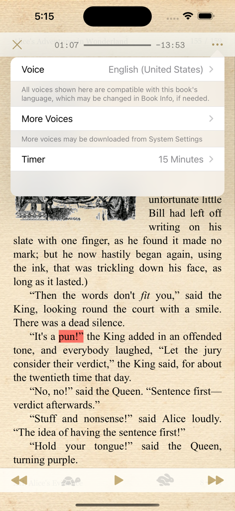 MapleRead CX - MapleRead CX interface showing text to speech voice selection and sleep timer menu over an ebook page.