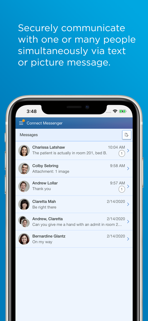 CareAware Connect Messenger - CareAware Connect Messenger app interface showing a list of secure clinical text messages on an iPhone.