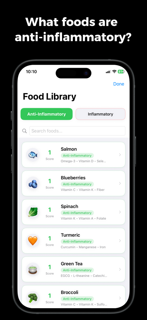 Pantalla de la aplicación móvil Flammy que muestra una biblioteca de alimentos antiinflamatorios como salmón y arándanos con puntuaciones de salud