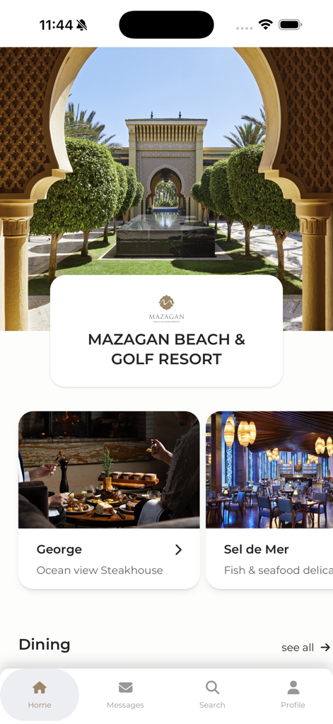 Mazagan Beach & Golf Resort - Home screen of the Mazagan Beach and Golf Resort mobile app showing dining options and resort architecture