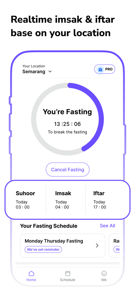 Muslim Fasting Calendar Alarm - Muslim fasting app screen with Imsak and Iftar countdown timer and daily schedule.