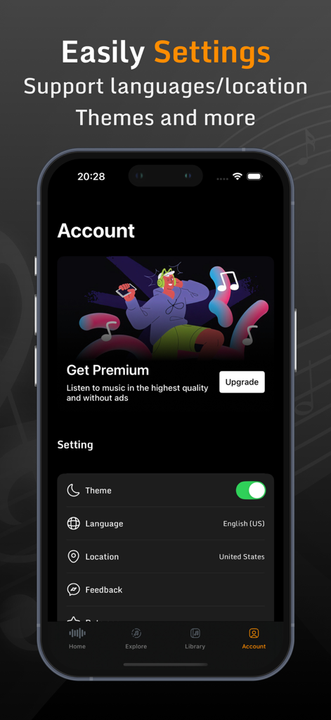 Settings screen of Music X music player showing account options and theme selection