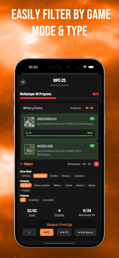 BO7 - Camo Tracker - BO7 Camo Tracker mobile app interface showing filters for game modes and camo categories for the MPC-25 weapon