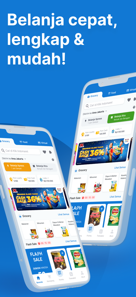 Klik Indomaret - Two smartphones displaying the Klik Indomaret app home screen with grocery categories and promotional banners.