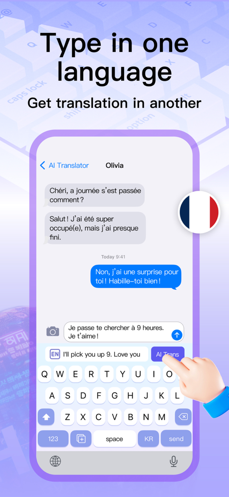 Tela do celular mostrando o teclado de tradução IA para tradução de chat em tempo real