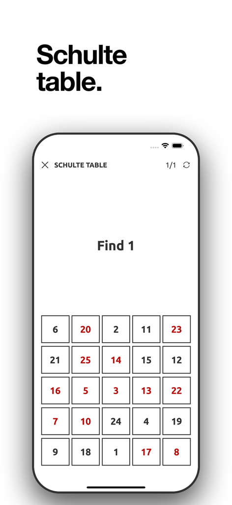 Reaction training. - Una pantalla de ejercicio de tabla de Schulte en la aplicación Entrenamiento de Reacción diseñada para mejorar la velocidad y el enfoque