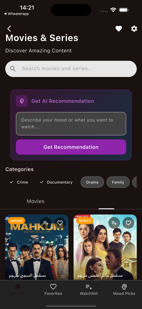 قصة عشق مسلسلات تركية - CineMind 앱 인터페이스, AI 추천 상자와 터키 드라마 포스터 포함.