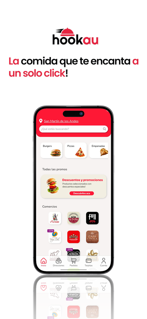 Hookau Delivery App - Tela inicial do aplicativo Hookau Delivery com categorias de comida e lista de restaurantes
