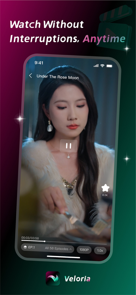 Veloria - Tales in a Blink - Vertical video player interface of Veloria app displaying a short drama episode titled Under The Rose Moon.