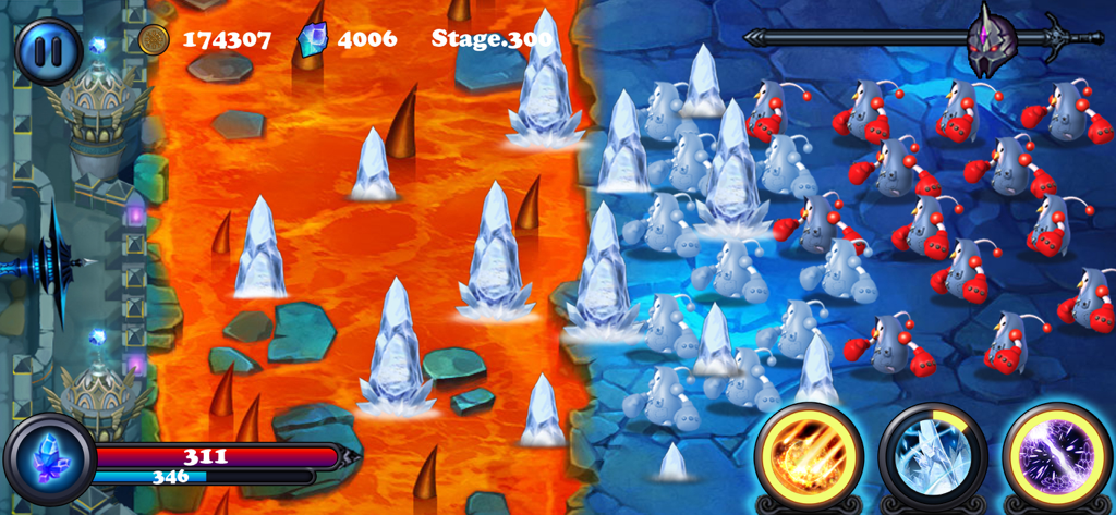 Defender II - Jugabilidad de Defender II que muestra un castillo defendiéndose de oleadas de monstruos a través de un foso de lava en la etapa 300.