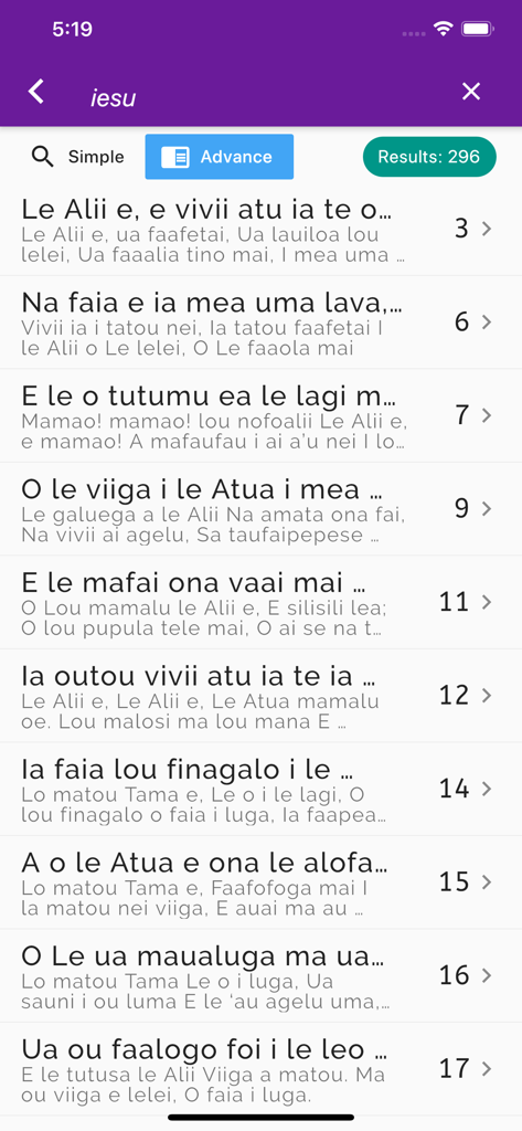 Risultati della ricerca avanzata nell'app Inno Samoano che mostrano un elenco di inni con titoli e numeri corrispondenti