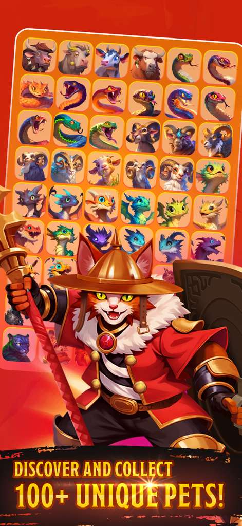 Friends & Dragons - Puzzle RPG - A warrior cat hero standing in front of a grid showcasing various collectible pets and dragons