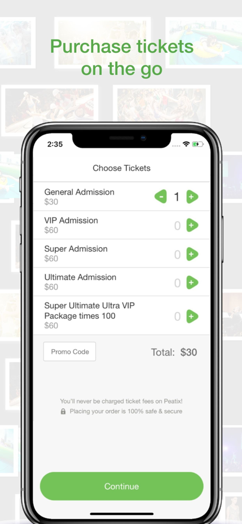 Interfaccia dell'app Peatix che mostra varie opzioni di selezione dei biglietti per un evento con garanzia di commissione zero.