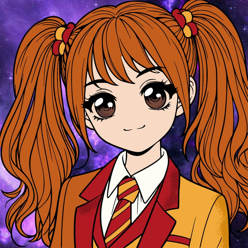 realistic girl with two ponytails and a suit on