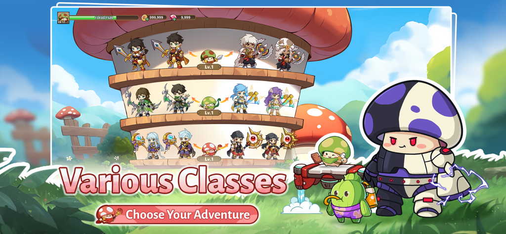 Legend of Mushroom - Un gráfico de evolución que muestra varias clases de guerreros seta y la progresión del personaje en el juego