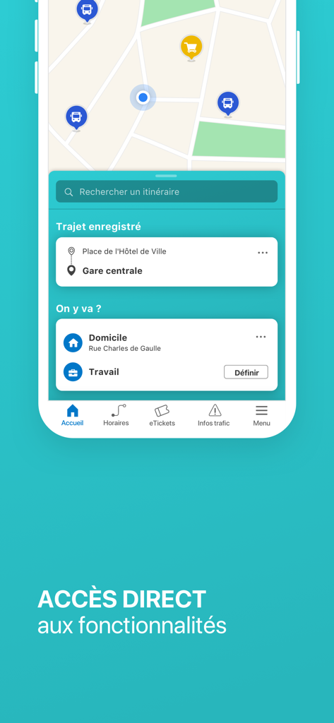 TAC Mobilités - TAC Mobilites app home screen showing a navigation map and transit shortcuts