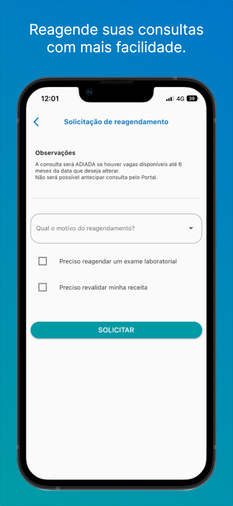 Mobile screen for requesting appointment and exam rescheduling in the Portal do Paciente HC app