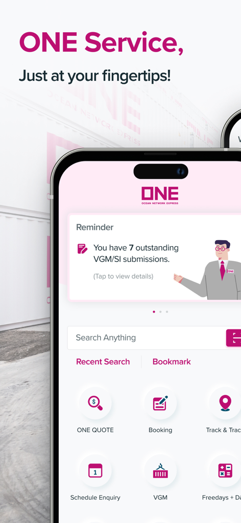 Ocean Network Express mobile app home screen with shipping service shortcuts
