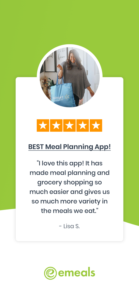 eMeals - Healthy Meal Plans - Depoimento de usuário de cinco estrelas para o aplicativo de planejamento de refeições eMeals