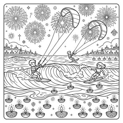 Experience the thrill of kitesurfing blended with the vibrant festivities of Diwali in this unique coloring page. Capture the energy of riders on waves under a sky illuminated by fireworks and traditional diyas.