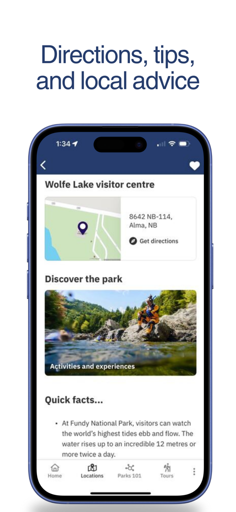 App Parchi del Canada che mostra le indicazioni per il centro visitatori e i fatti sul parco