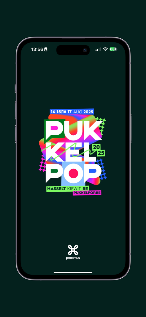 Pantalla de bienvenida de la aplicación del festival de música Pukkelpop 2025 que muestra fechas y ubicación en Hasselt, Bélgica