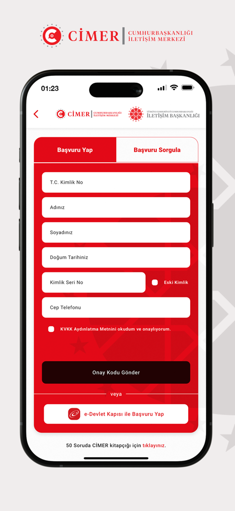 Screenshot of the Cimer Mobil app application form for Turkish citizens to submit requests and suggestions.