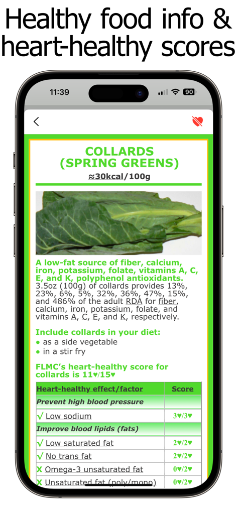 Calcium Counter and Tracker - Screenshot of the Calcium Counter app showing nutritional facts and heart-healthy scores for collard greens.