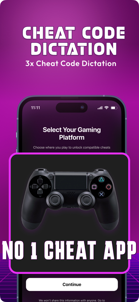 Bildschirm zur Auswahl der GTA Vice City Cheat-Codes-Plattform mit einem PlayStation-Controller und Diktieroption