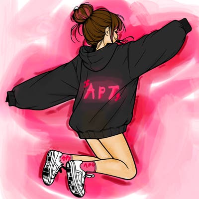 realistic girl jumping with a bun and oversized sweatshirt