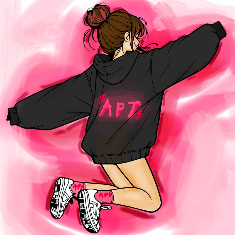 realistic girl jumping with a bun and oversized sweatshirt