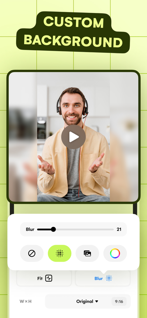Resize Video - Interface of the Resize Video app showing a video of a man with a custom blurred background effect.