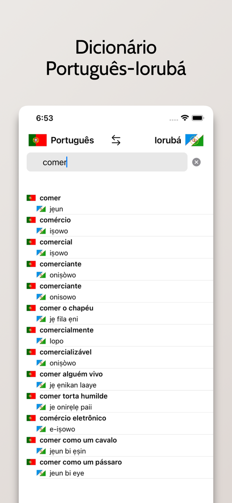 Dicionário Iorubá-Português - Una captura de pantalla de la aplicación de diccionario portugués-yoruba que muestra los resultados de la búsqueda de la palabra comer con las traducciones correspondientes