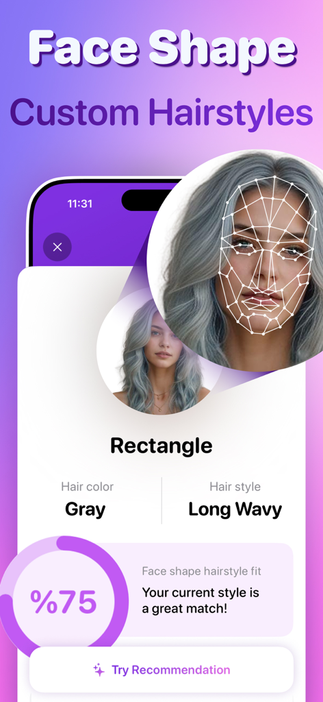HairLab app interface showing AI face shape analysis and personalized hairstyle recommendations.