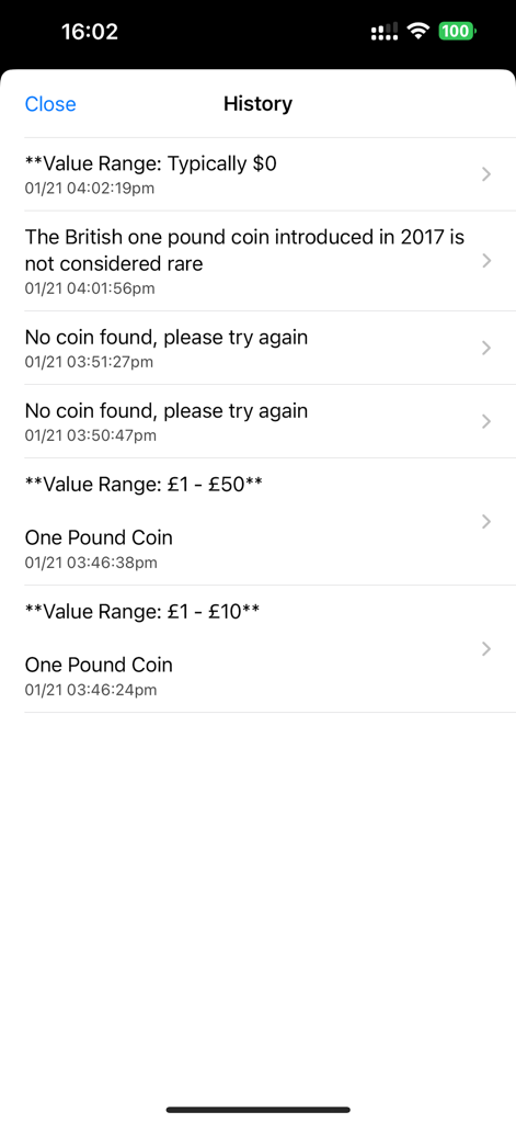 Coin Scanner: Identify & Value - The history screen of the Coin Scanner app showing a list of previous coin identification results and their estimated values.