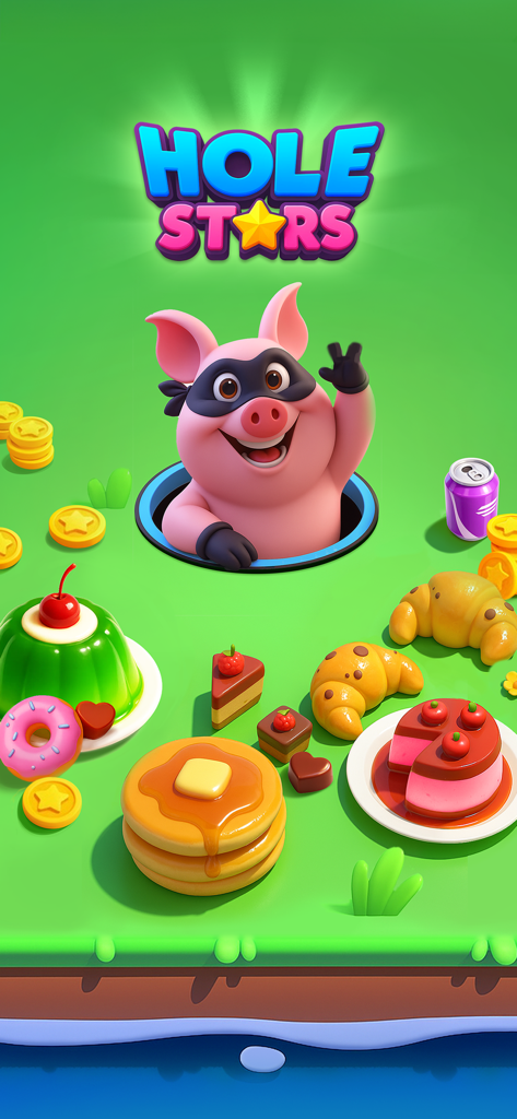 Hole Stars puzzle game splash screen featuring a pink pig in a mask popping out of a black hole surrounded by desserts and coins