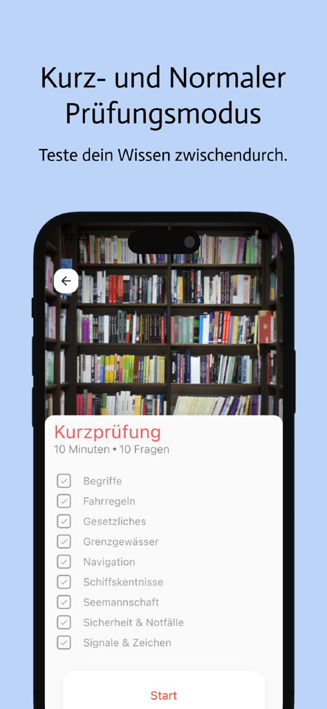 Bootsprüfung Schweiz 2025 - 항해 및 안전과 같은 카테고리로 짧은 시험 시뮬레이션 설정을 보여주는 2025 스위스 보트 시험 앱 스크린샷