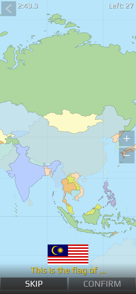 World Map Quiz (Qbis Studio) - A geography trivia game screen showing the flag of Malaysia and a map of Asia for identification.