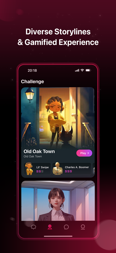 SoulTalk app interface showing diverse storylines and gamified AI character challenges in a dark mode design.