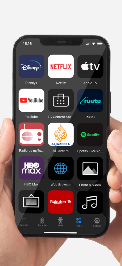 Smart TV Remote Universal - Interfaz de la aplicación de control remoto universal mostrando accesos directos a plataformas de streaming como Netflix, Disney Plus y YouTube.