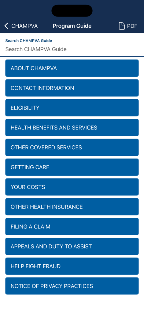 Menu screen of the CHAMPVA app showing various program guide categories like eligibility, benefits, and claims.